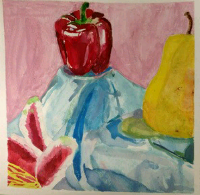 watercolor painting of fruit vegetables and a flower