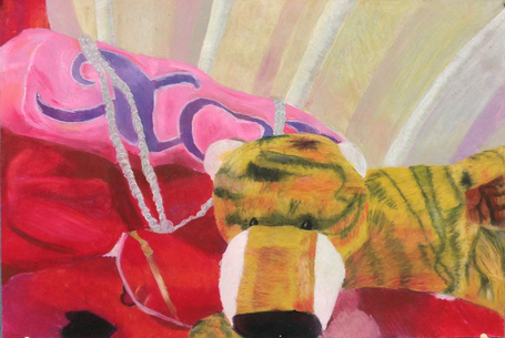 Oil pastel of pillows pears and a stuffed tiger