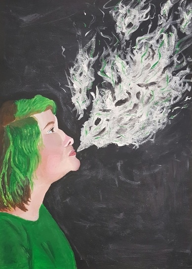 Acrylic portrait with green hair and smoke